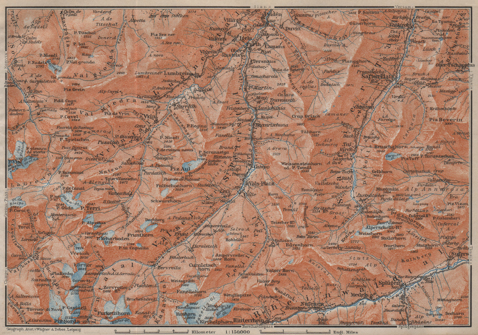 LUGNETZTAL SURSELVA. Valserrhein Furketlihorn Hinterrhein Splügen 1913 old map